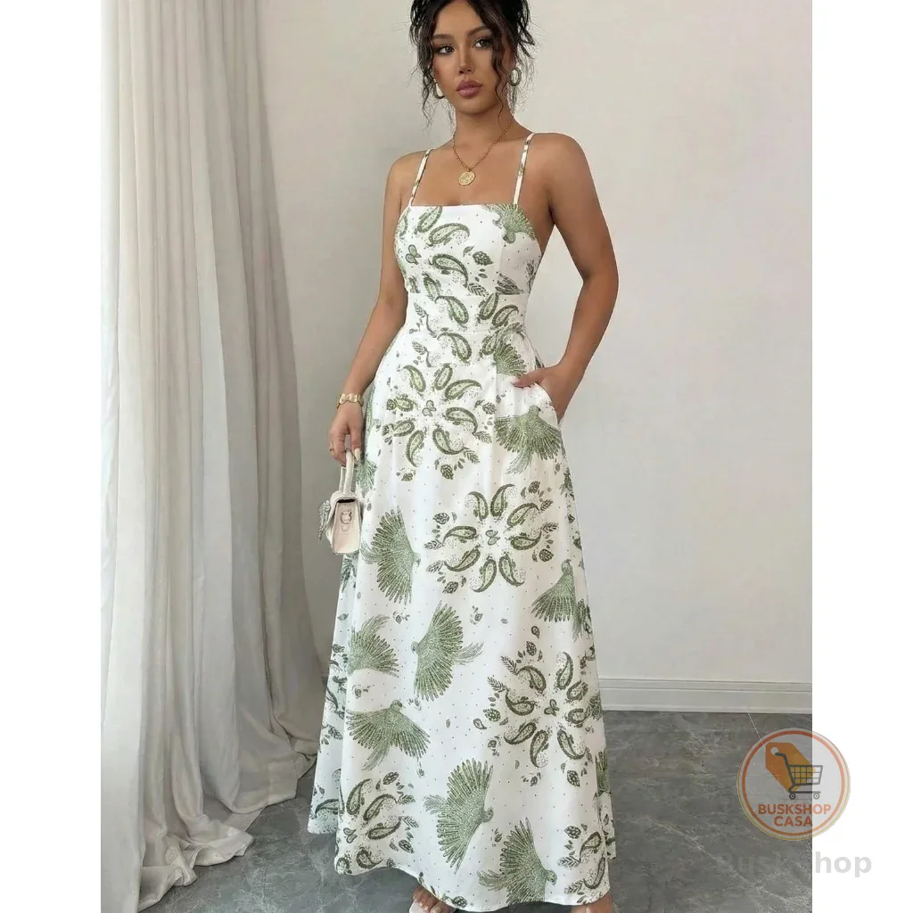 Vestido Longo Feminino Alcinha Fina Bojo Estampa Floral Tendência Verão