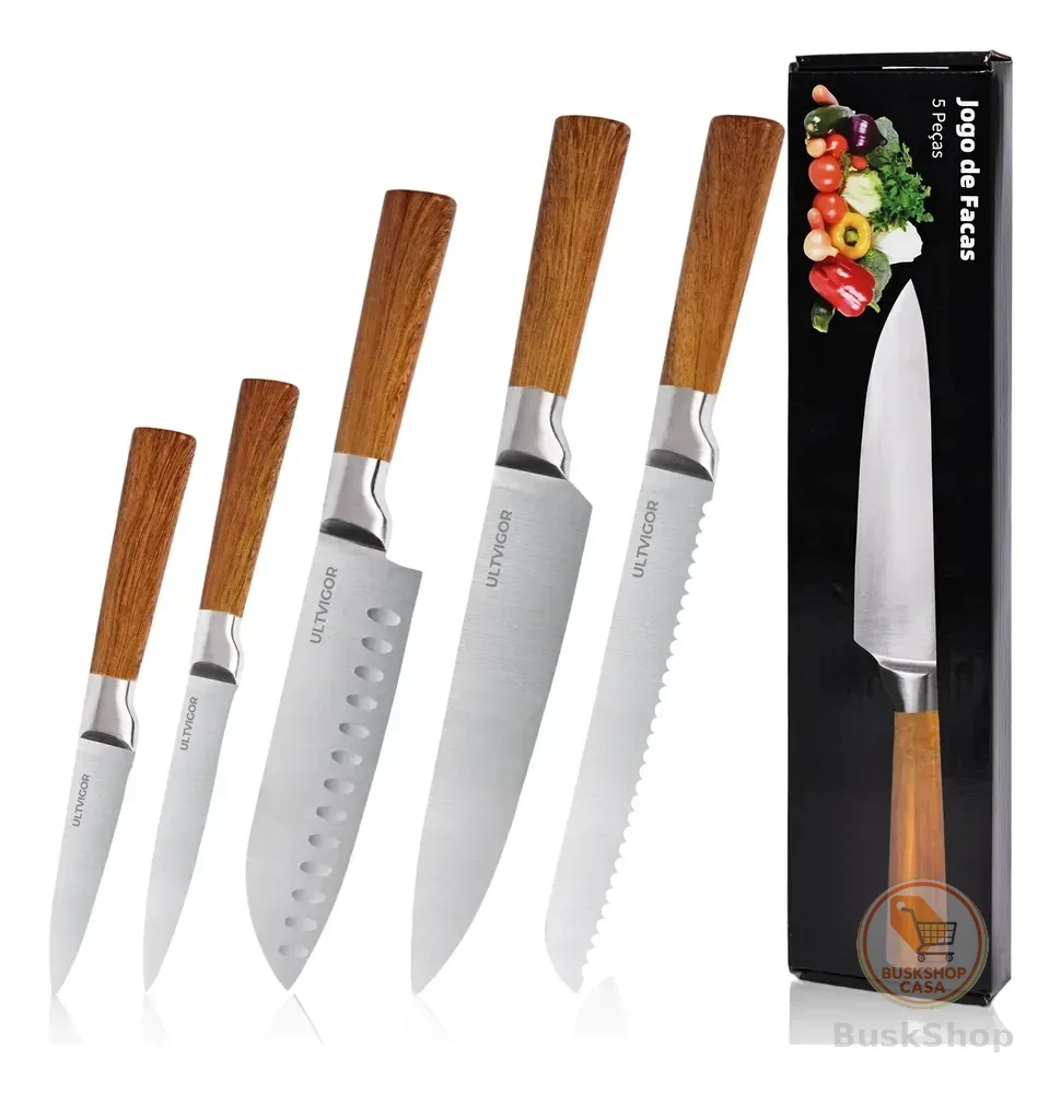 Jogo De Facas 5 Peças Profissional Cozinha Premium Inox Marrom
