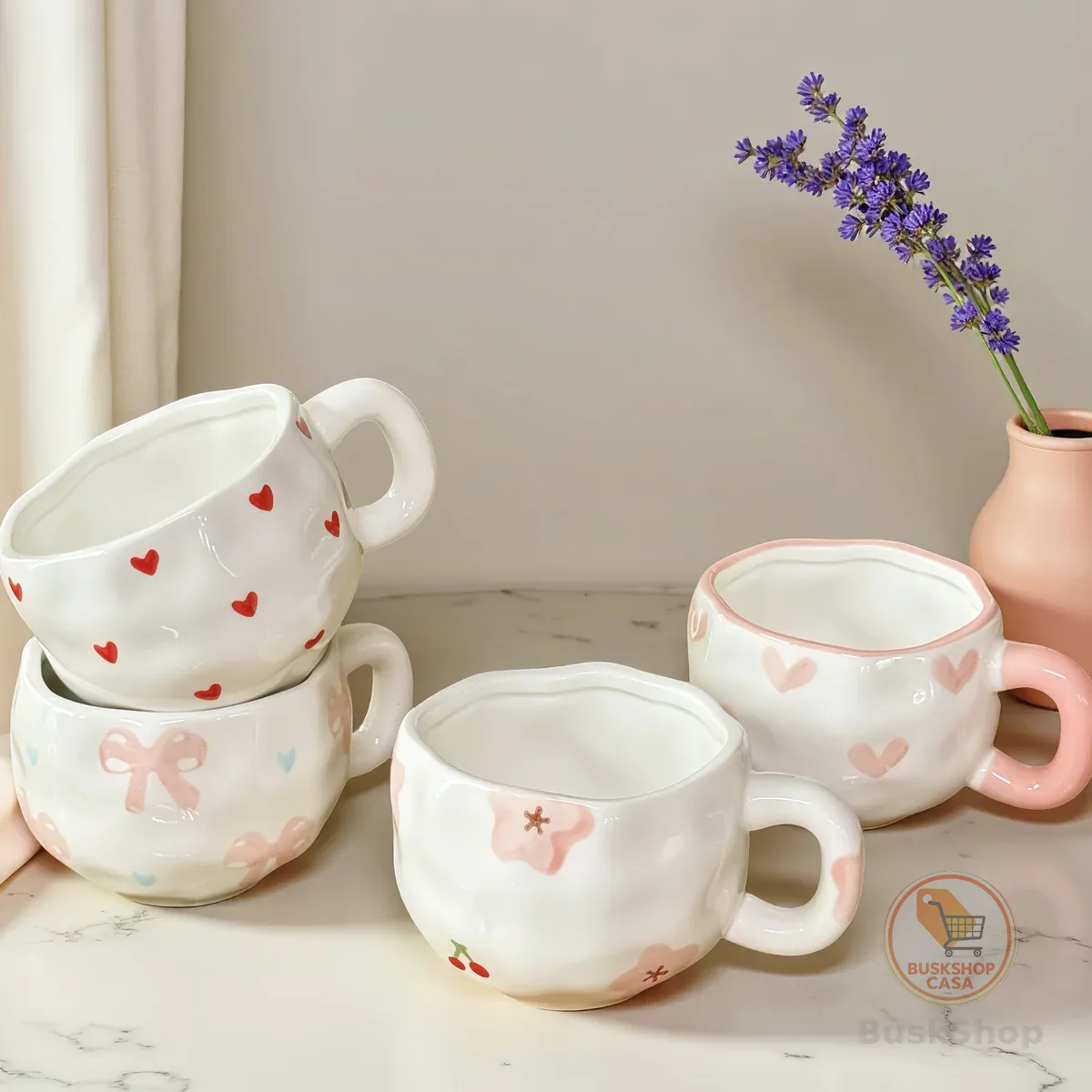 Conjunto De Caneca E Pires De Cerâmica Com Arco Pintado À Mão , Xícara De Chá De Café Fofa Para Escritório Doméstico