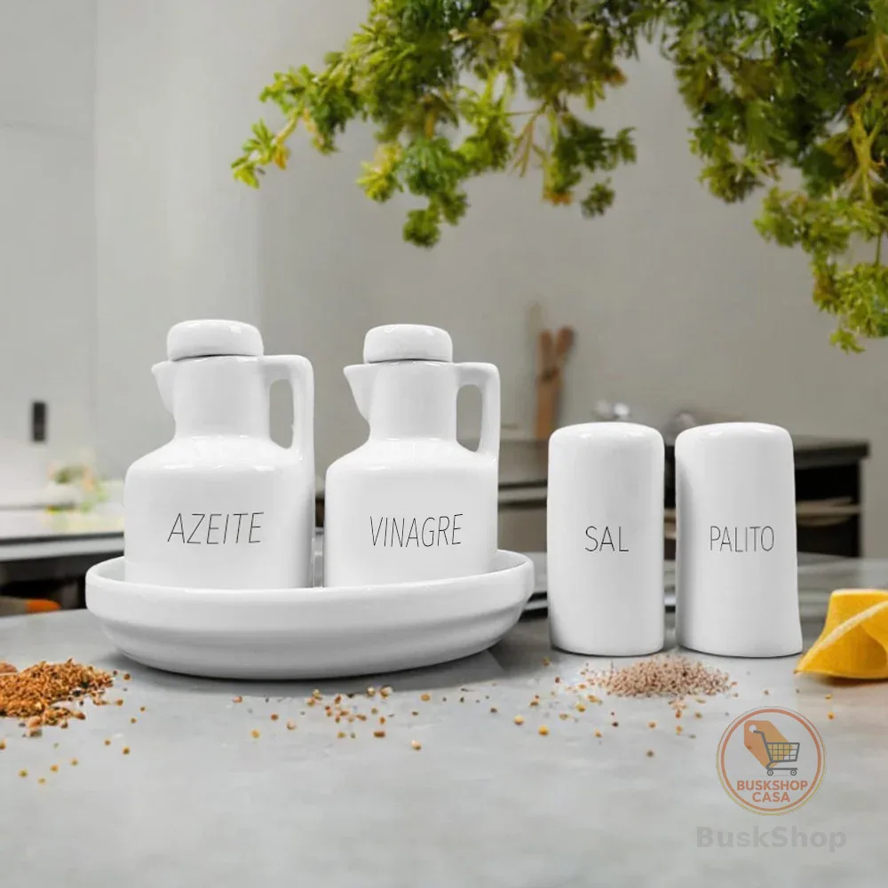 Kit Galheteiro Porcelana Decorado Azeite e Vinagre