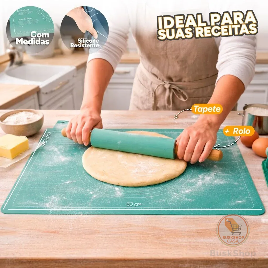 Conjunto Rolo e Tapete Silicone Guias Torta Bolo Antiaderente Durável Cozinha