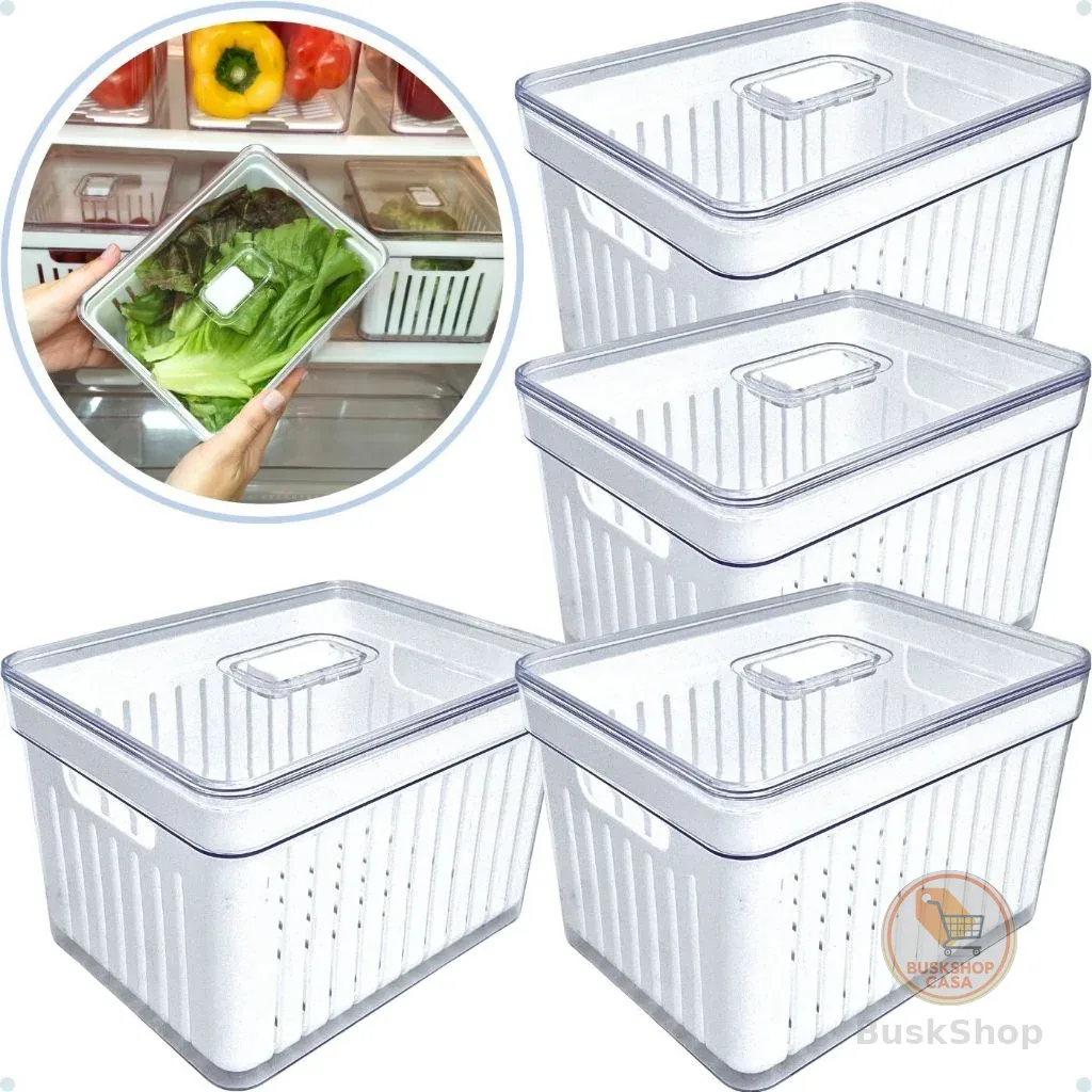 Kits Organizadores De Geladeira Clear Com Tampa E Cesto Drenagem