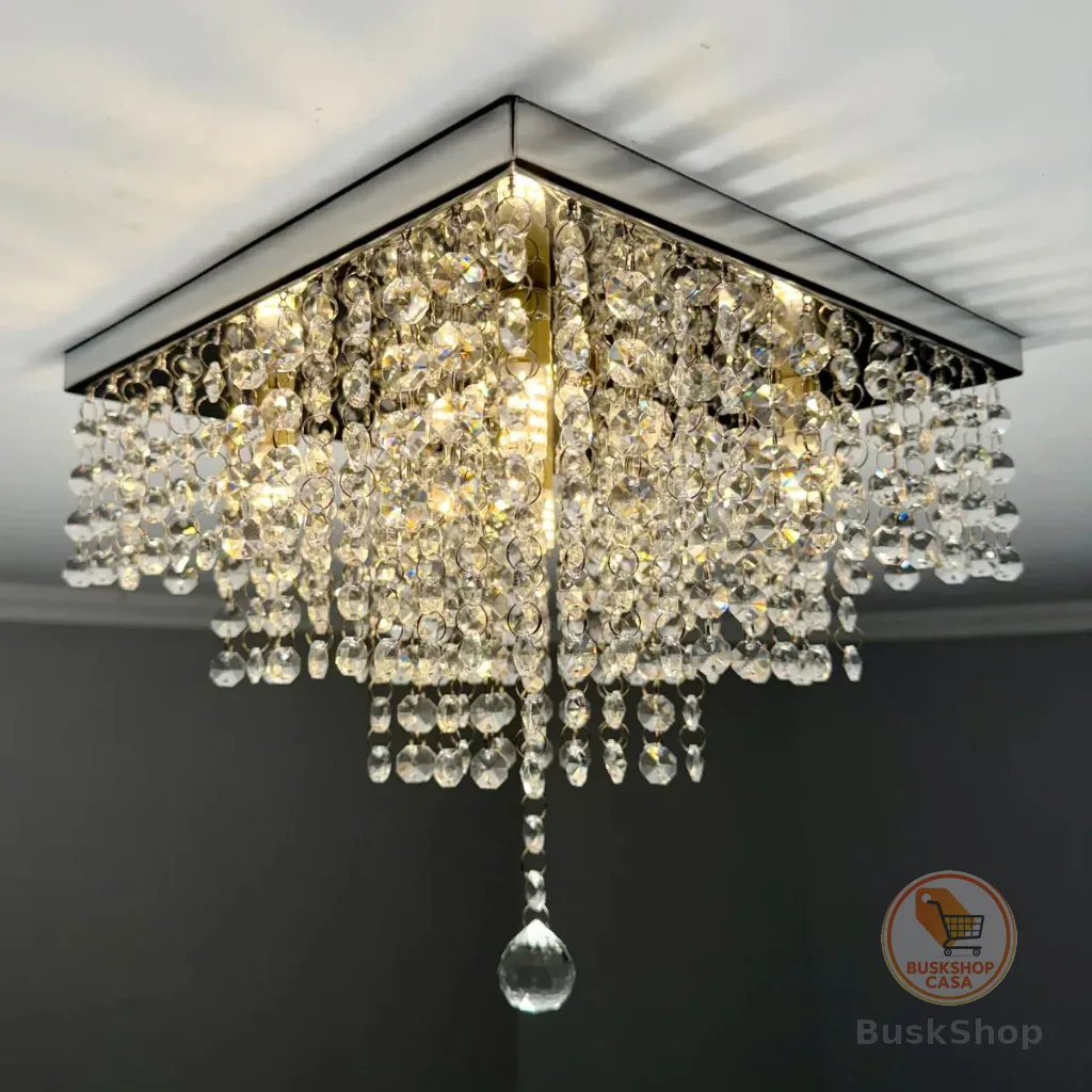 Lustre De Cristal Acrilico 30x30 Inox Espelhado Para Sala De Jantar/ Estar/ Quarto Vai Montado