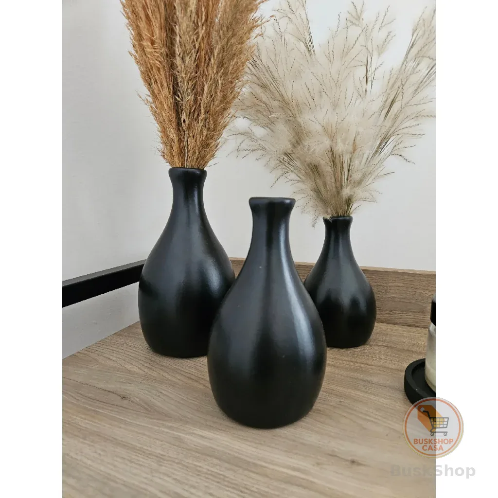 Trio Vaso Bojuda Centro de Mesa em Cerâmica Decorativa para Casa Preto Fosco