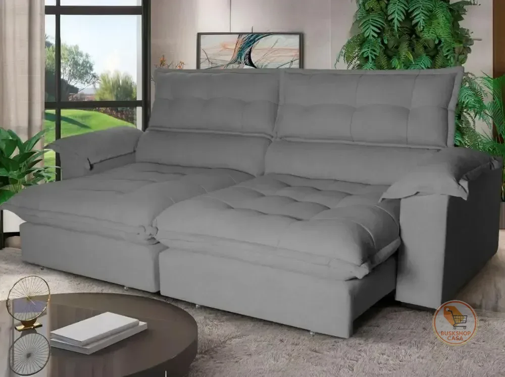 Sofá Retrátil Reclinável Aconchego 2,30m Bouclê Cinza
