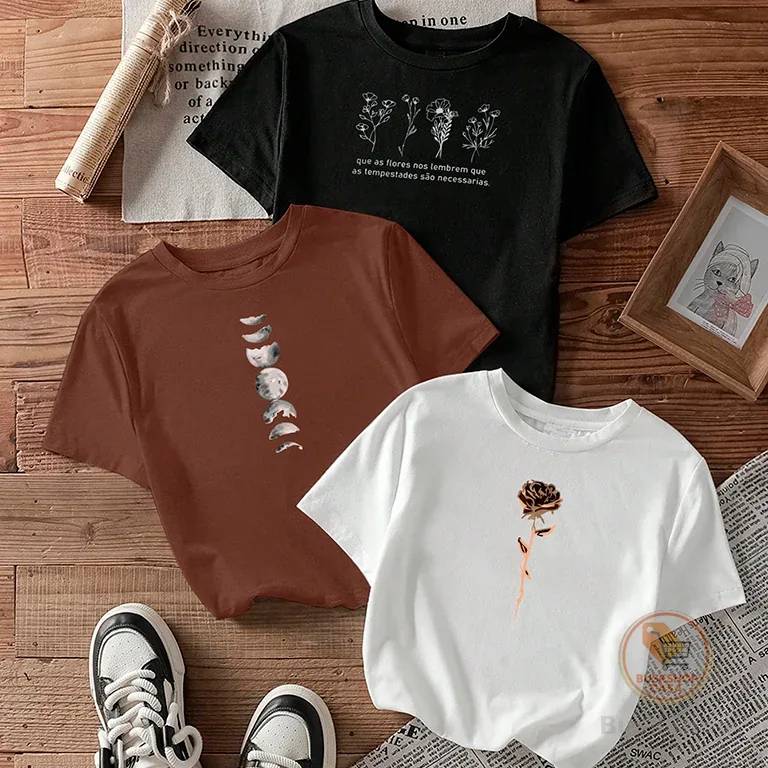 kit3 Camisetas feminina de algodão Flores fases da Lua Rosa off white malha premium T-Shirts