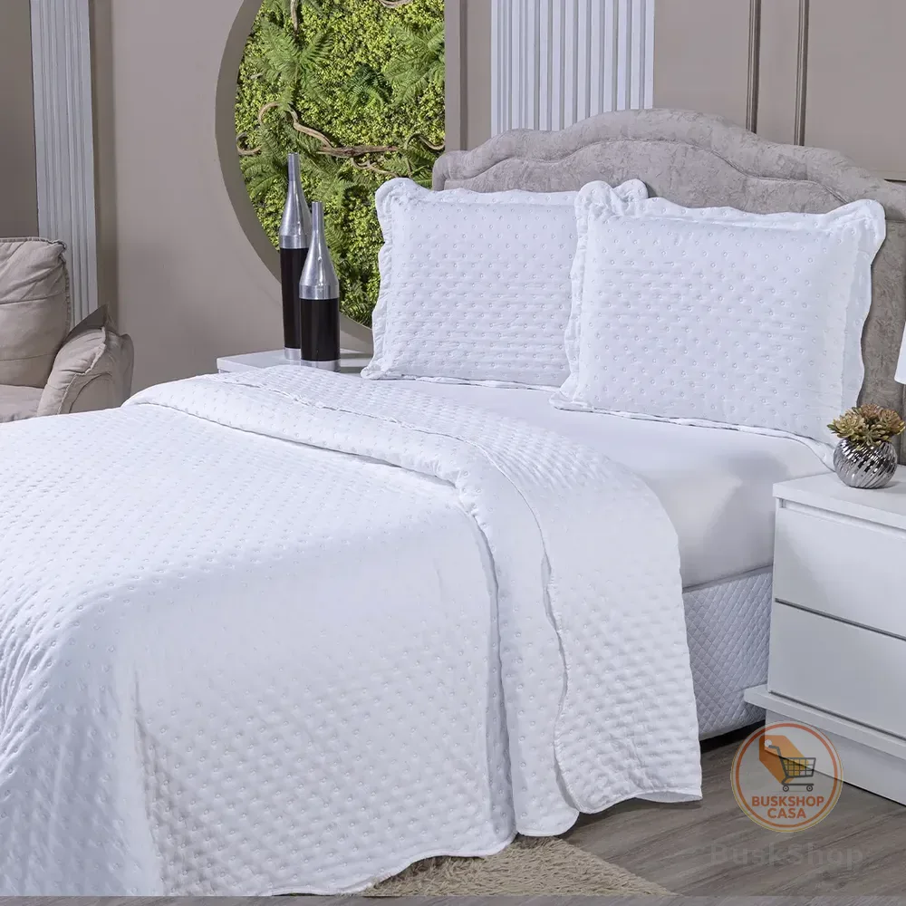 Kit Cobre Leito Casal Queen Colcha 3 Pçs Dupla Face 400 Fios Branco