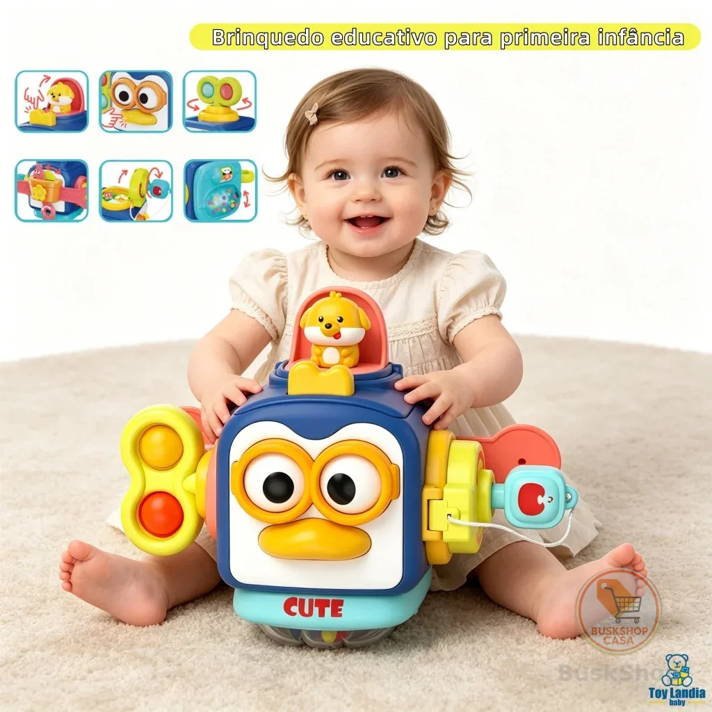 Brinquedo Montessori Pinguin Carinha Com Funções Para Estimulação Tátil e Visual