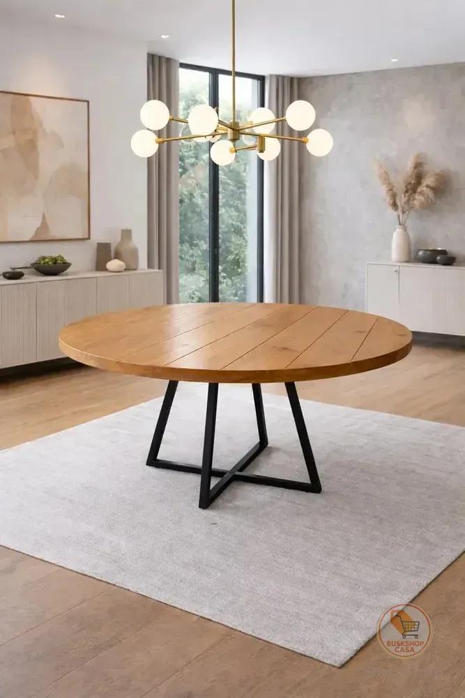 Mesa Redonda Industrial 110cm 6 Lugares Madeira E Ferro Mel Preto
