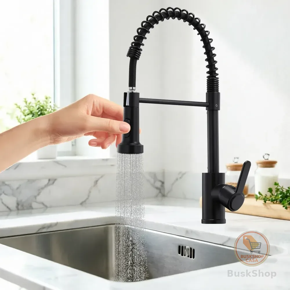 Torneira Gourmet Em Metal Com Mola Bica Única Flexível 360° Preto Bancada De Cozinha