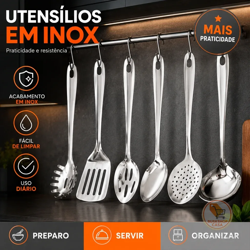 Kit Utensílios Inox - Não Enferruja e Organiza Sua Cozinha Colher Concha Espátula