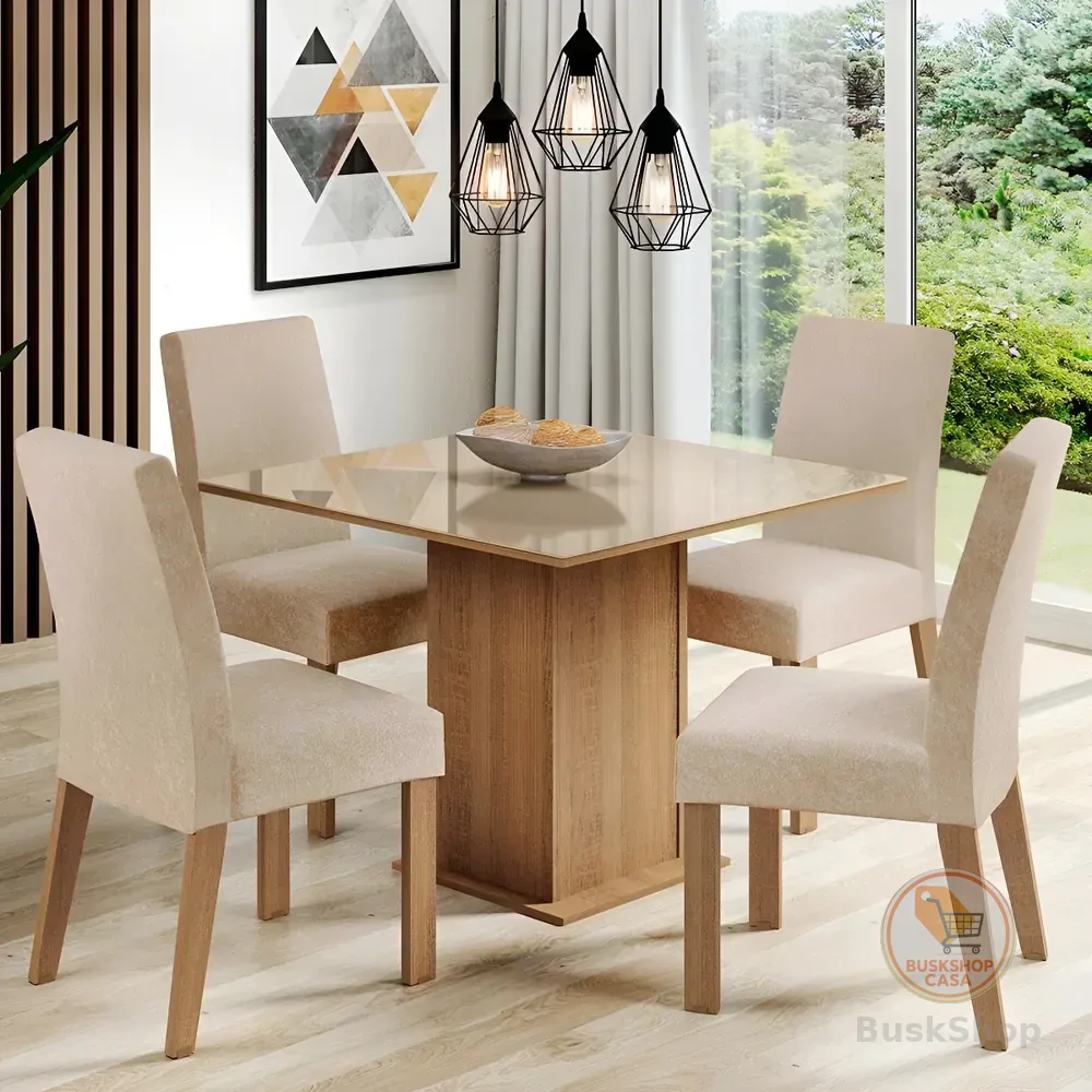 Sala De Jantar Estofada Madesa Evelin Mesa Tampo Vidro Com 4 Cadeiras MDJA0401037GSIM