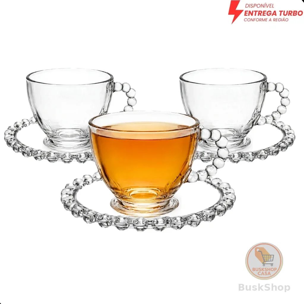 Jogo Xícara de Vidro 220ml com Pires 6 Xícaras Café Elegante Bolinhas Pérola