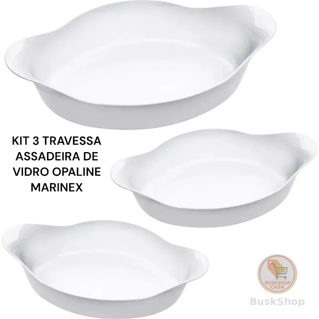 Kit 3 Assadeira Travessa de vidro Marinex Opaline Branca Forno Airfray Micro-ondas