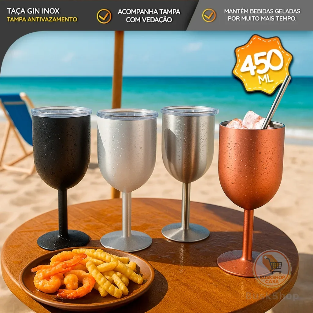 Taça Térmica 450ml  para Gin, Vinhos e Drinks –  Parede Dupla Aço Inox com Tampa Antivazamento