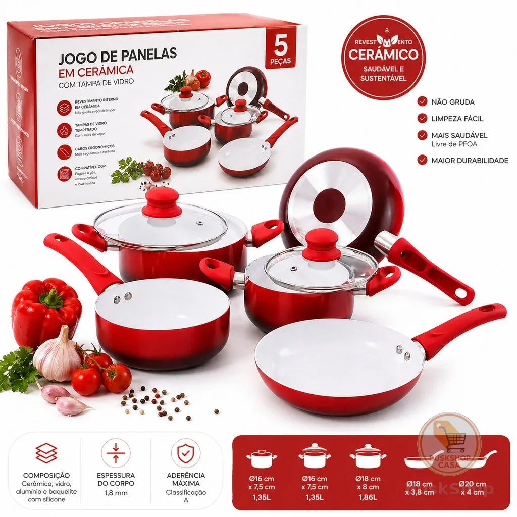 Kit Jogo Panelas Em Cerâmica Tampa De Vidro Frigideira 5 Pçs