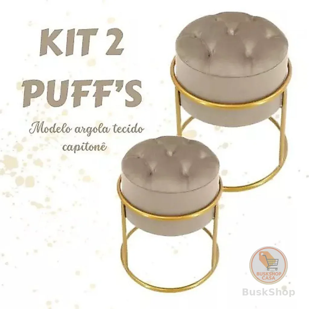 Kit 2 Puffs Argola Capitone Luxo Banqueta Base em Metal Banco para Penteadeira Dourado  Veludo