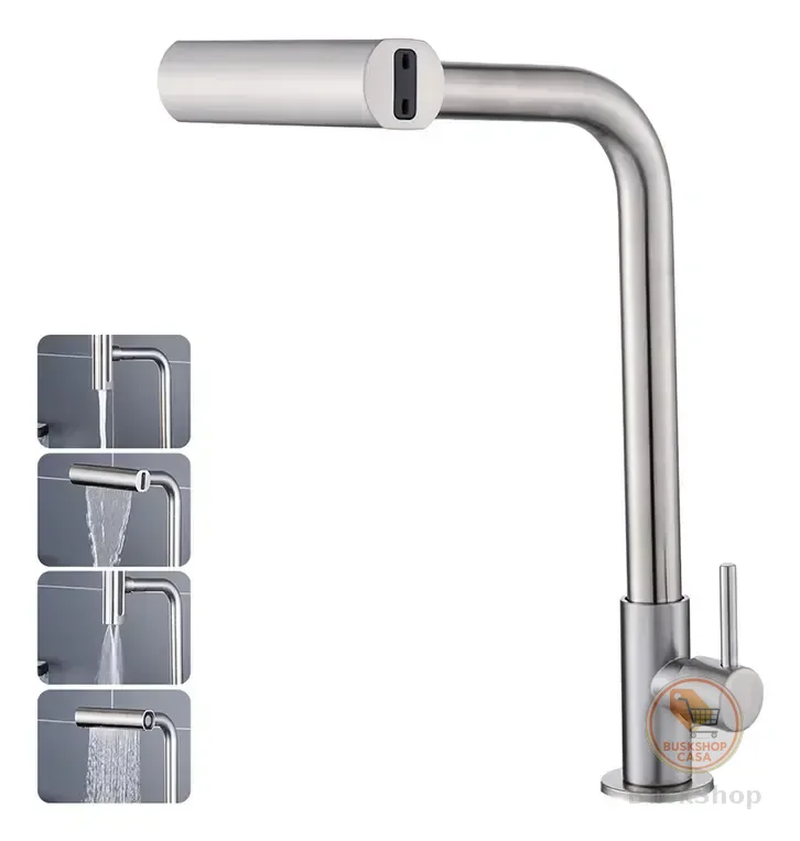 Torneira Cozinha Bancada Inox 304 Água Fria Bica Alta Gourmet 4 Modos De Água Estilo Cascata