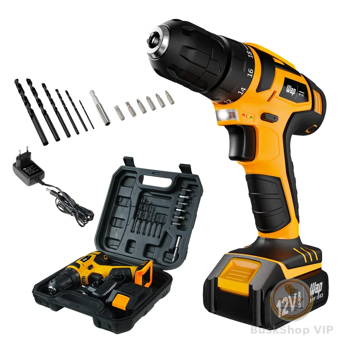 WAP Parafusadeira e Furadeira à Bateria 12V BPF-12K3, Kit de 13 Acessórios e Maleta, Empunhadura Emborrachada, Bivolt