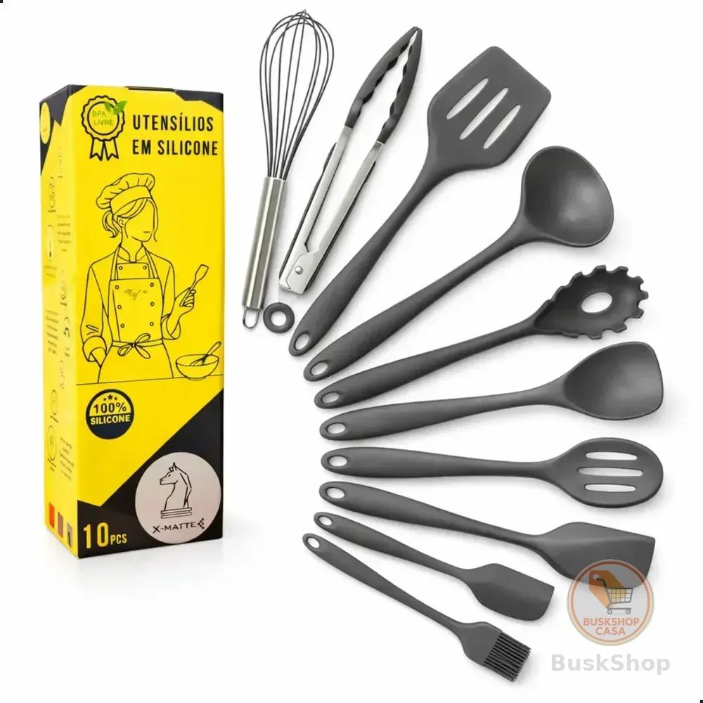 Conjunto Kit Utensílios De Cozinha Silicone X-Matte 10 Peças Não Risca Panela Antiaderente Espátula Concha Escumadeira Resistente Ao Calor Livre BPA Cinza Cinza-escuro