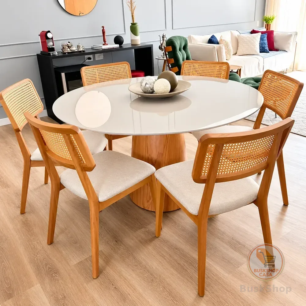 Mesa Jantar Cone Laqueado Tampo Redondo Laca Com Vidro 120cm Off-white Cinamomo