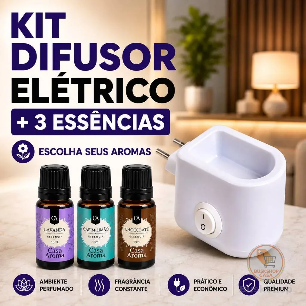 Kit 3 Essência Pura Super Concentrada para Aromatizador Ambiente + 1 Difusor Elétrico  Bivolt