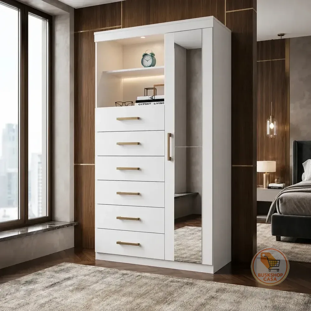 Cômoda Com Espelho Gaveteiro Marabá Santos Andirá Design Moderno 1 Porta 6 Gavetas Nicho Cor Branco