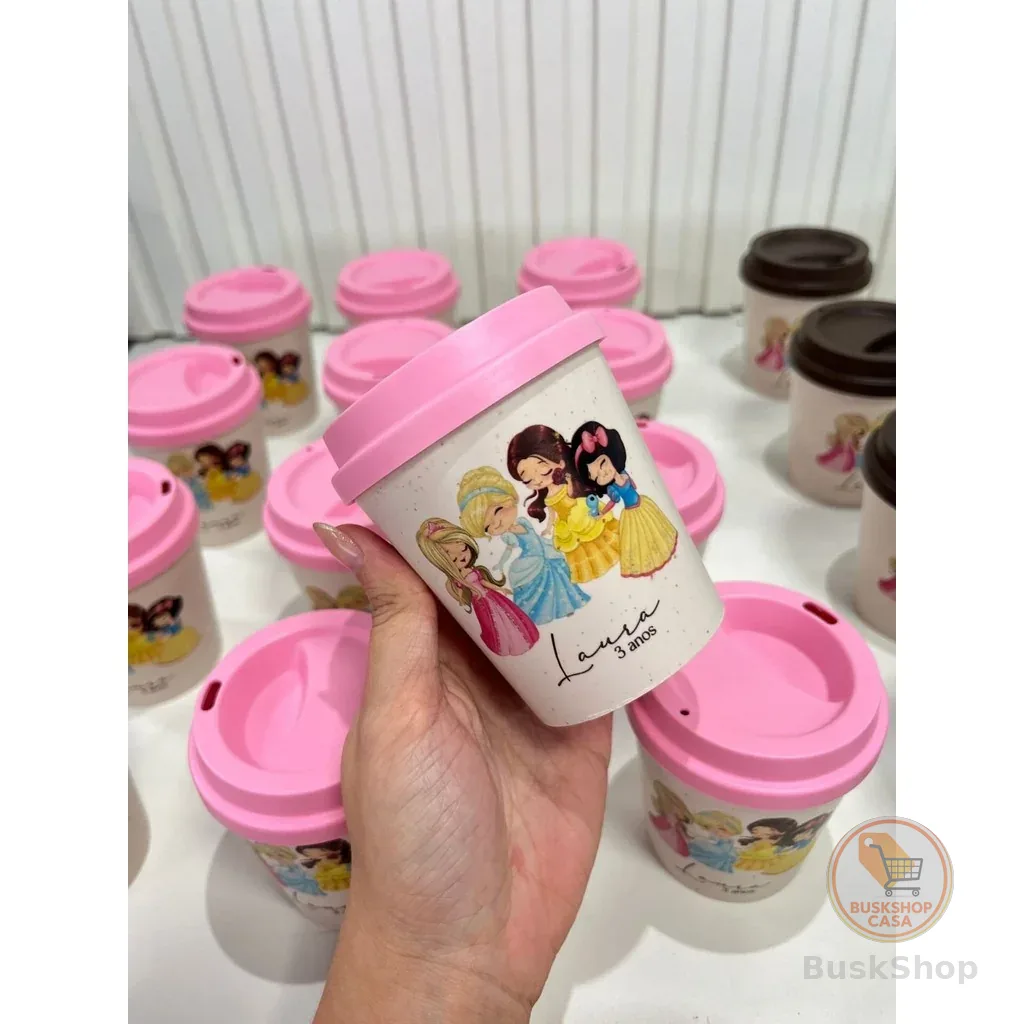 Copos Mini Bucks 250ml para lembrancinha de aniversário - Princesas Aquarela - Fazemos todos os temas