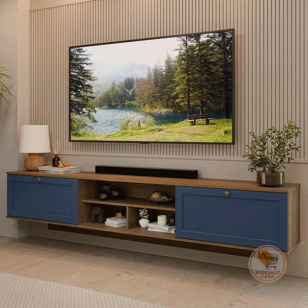Rack Suspenso para TV até 80 Polegadas 218 cm 2 Portas Rustic/Azul Vik Madesa