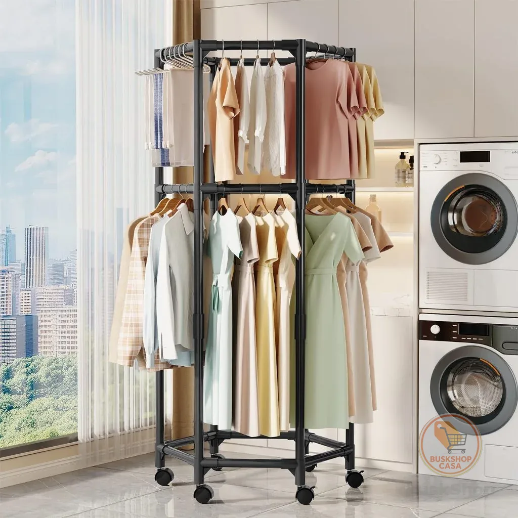 Arara Roupas 360° Giratória Tubo 16mm Reforçado Dupla Barra com Rodízios Móvel Organizador Quarto