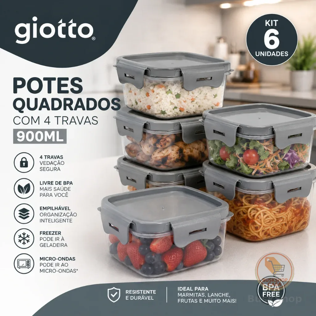 Kit 6 Potes 900ml Cinza com 4 Travas Vedação Segura para Alimentos Hermético Marmita Fitness Giotto