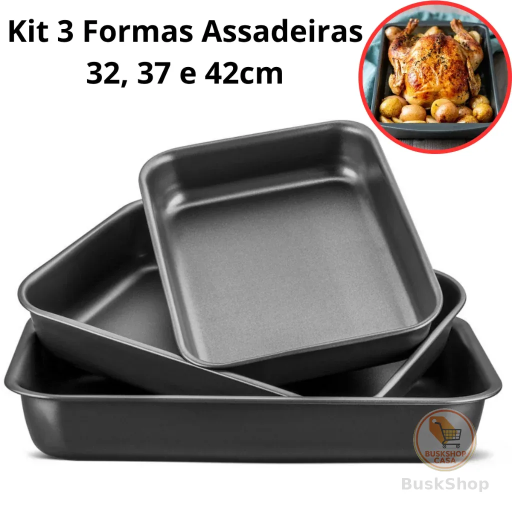 Kit 3 Formas Assadeira 32 37 e 42cm Retangular Antiaderente Grande Aço Carbono Bolo Lasanha Assados