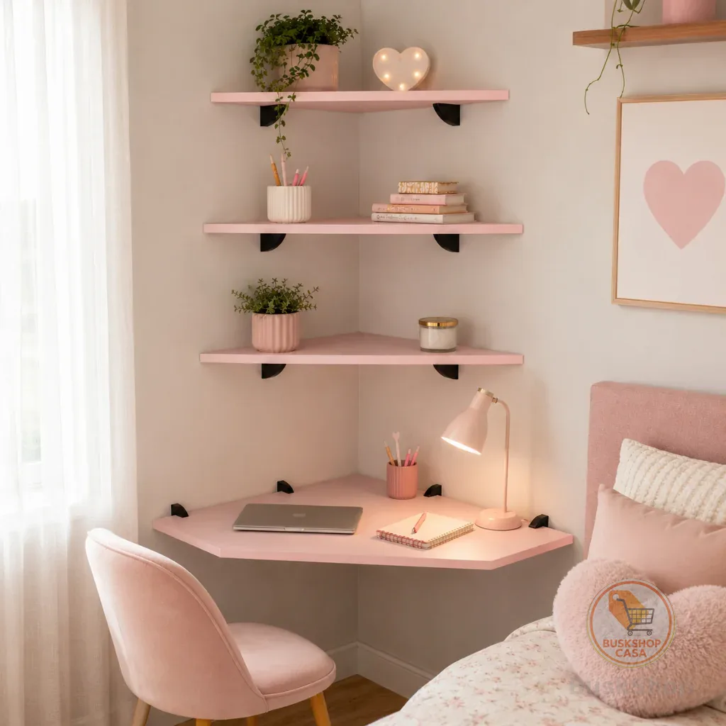 Kit Mesa Rosa Escrivaninha de Canto com 3 prateleiras para quarto e escritório em mdf 15mm