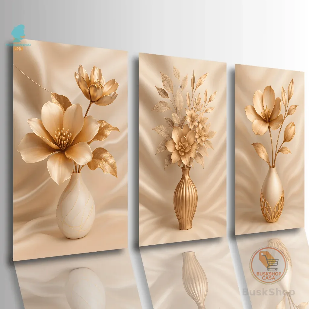 Quadros Decorativos Trio Vasos Floral 3D Dourado Rosé Moderno Luxo Sala Quarto