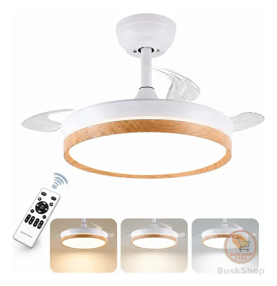 Ventilador De Teto Com Controle Remoto Silencioso Retrátil 92 Cm 50/60hz Branco Madeirado 127/220v Transparente Policarbonato 3