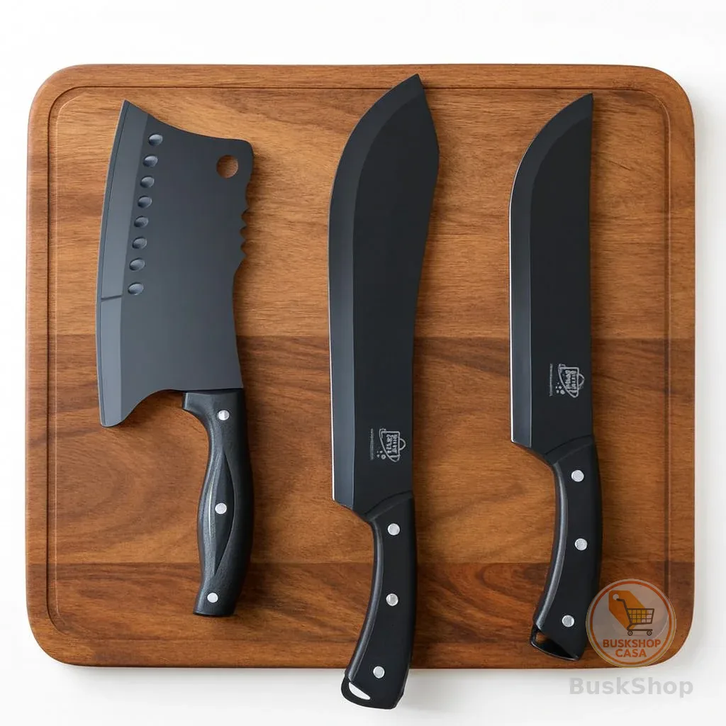 Kit Facas Churrasco Profissional Caça 3 Peças Lâmina Black Inox Premium Resistente