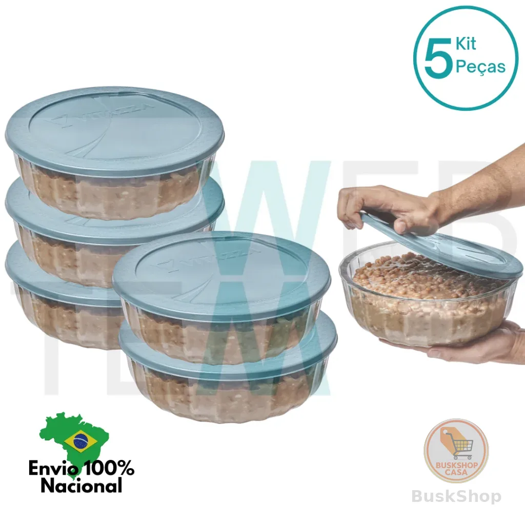 Kit 5 Potes Tigela Saladeira de Vidro com Tampa Plástica Oceani 1,5litro Vitazza: Servir Cozinha