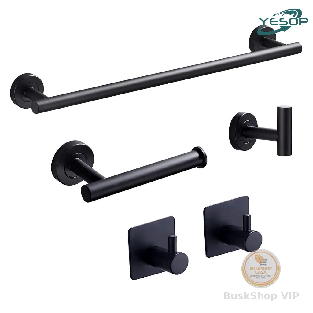 YESOP Kit Acessórios Banheiro Preta Toalheiros 5 Peças Aço Inox Fosco