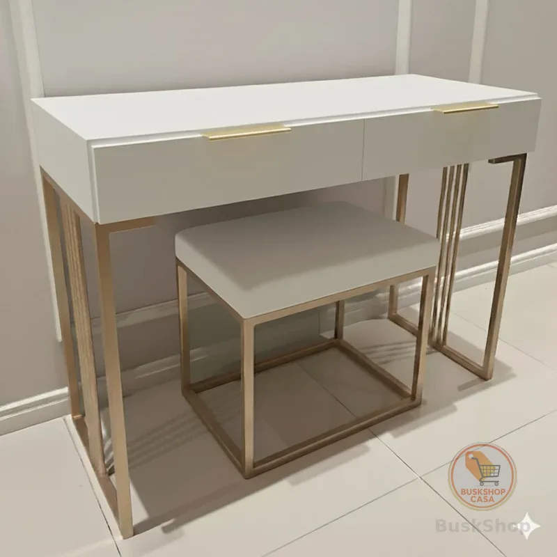 Penteadeira escrivaninha moderna branca 100% MDF com detalhes e estrutura metálica dourada/champagne LUXO no