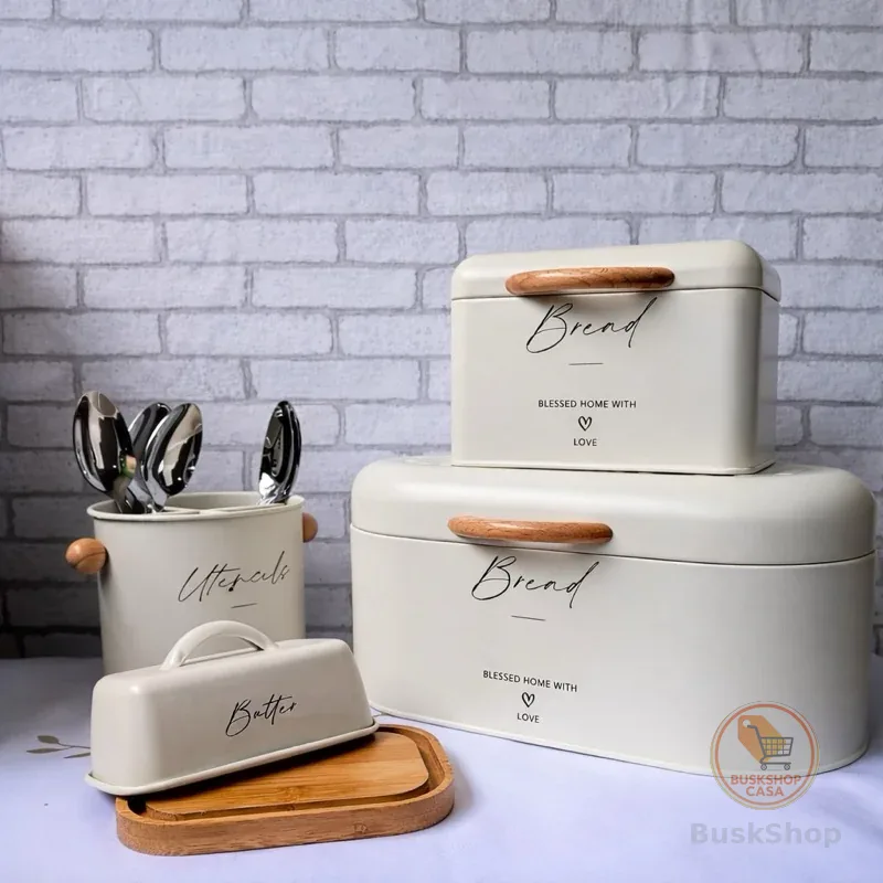 Porta Pão / Manteigueira e porta talheres em metal com Bambu Branco Vintage