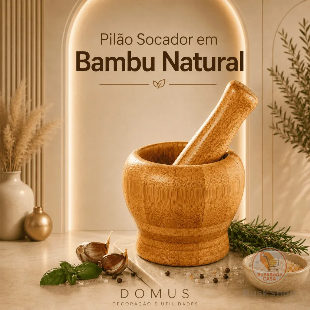 Pilão de Bambu Socador Natural Para Tempero Alho Ervas Finas Multiuso