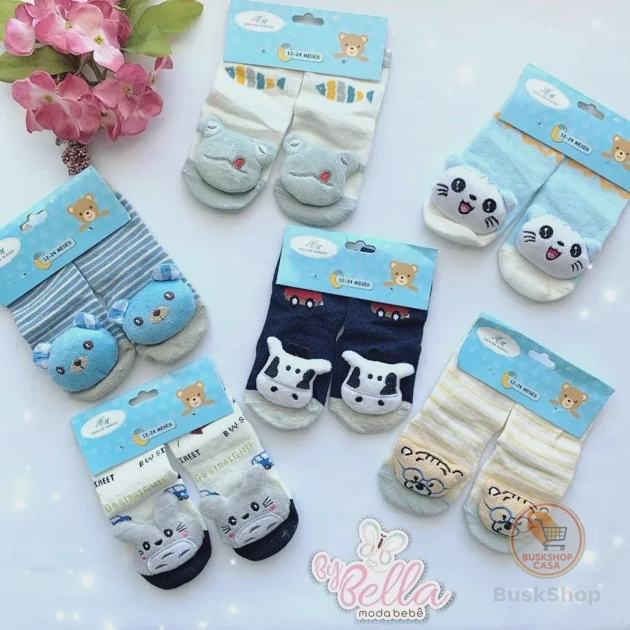kit Ate 6 pares Meia de Bebe meias Com sinos dê Bichinho