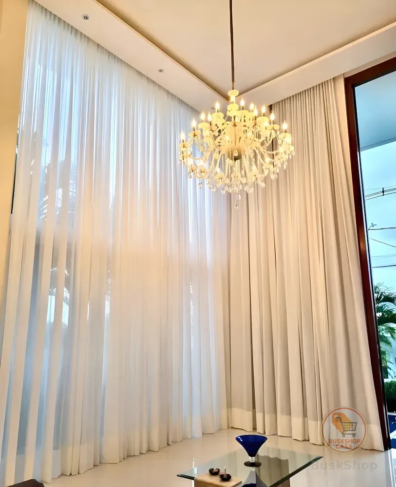 Cortina Linho Flame Gaze Trilho Suíço 4,00x2,80 Sanca Alta Cor Palha Off White