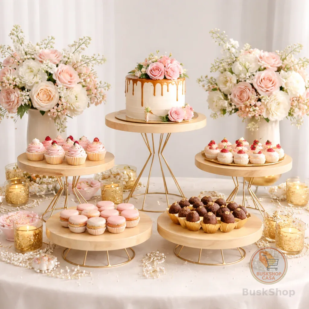 Kit Boleiras Decorativas Madeira com Base Dourada Suporte para Doces Festa Luxo Mesa Posta Aniversario