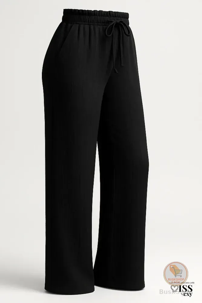 Calça Feminina Alfaiataria Wide Leg Social Pantalona Preta G