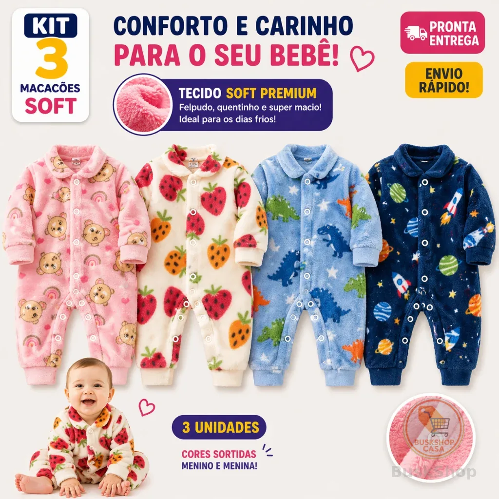 Kit 3 Macacão Soft De Bebê Com Botões Enxoval Infantil