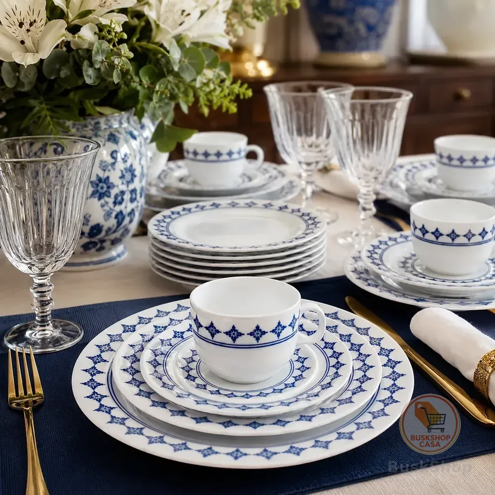 Aparelho Jantar Opaline Branco Azul Clássico Português 16 Pç Branco Detalhes Azul - Estilo Azulejo Português