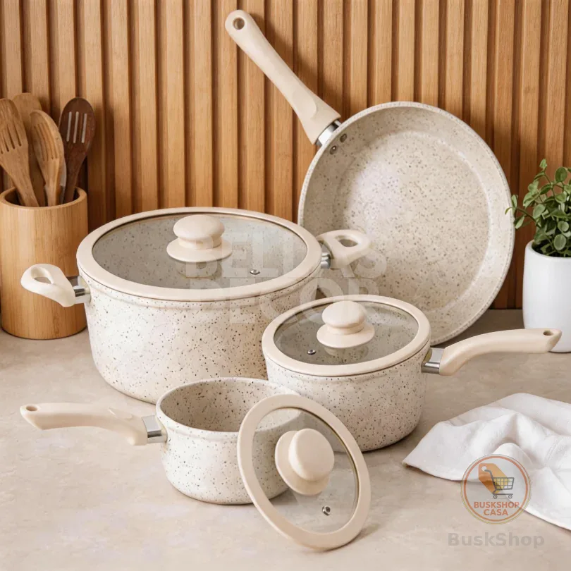 Kit Jogo Panelas 4 Peças Revestimento Cerâmica Marmorizado Creme Antiaderente Premium Tampas Vidro Organização Cozinha