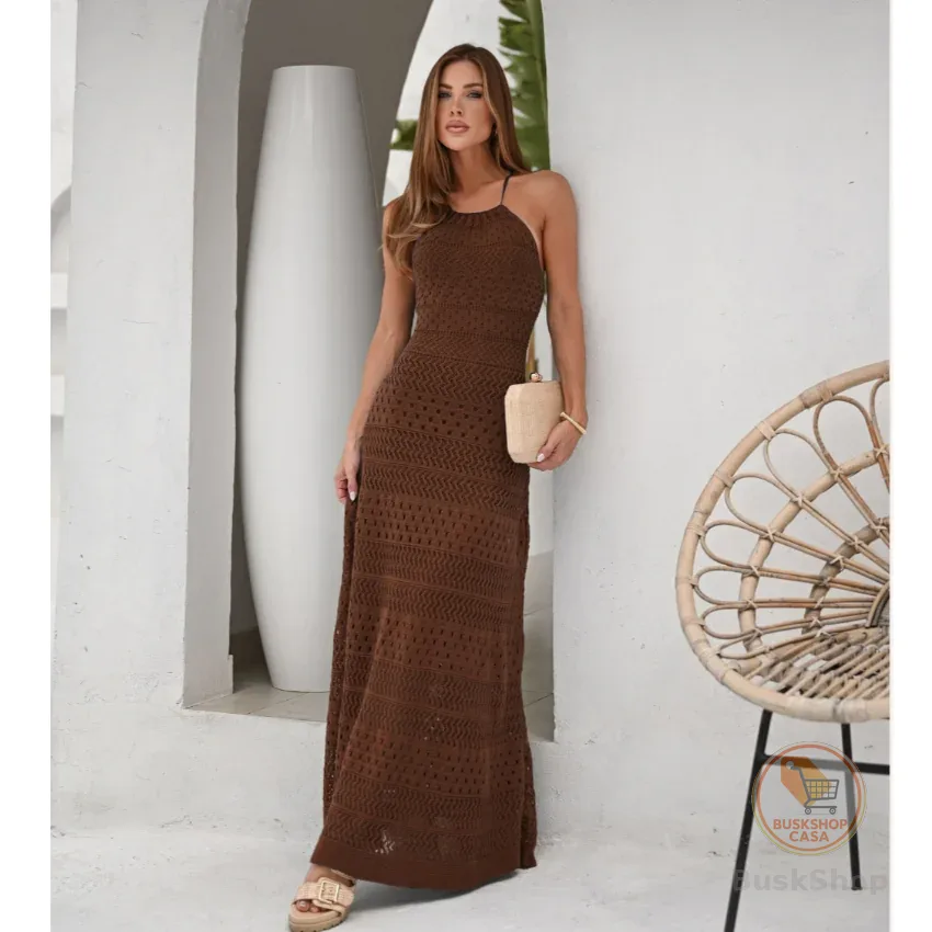 Vestido feminino de tricot costa aberta longuete crochê modal festa