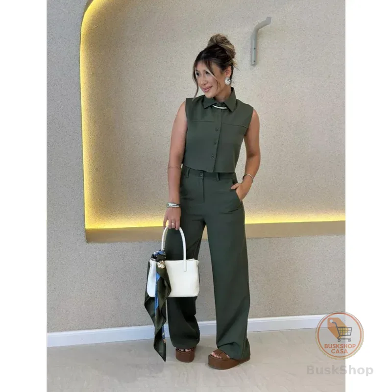 YAN FASHION Conjunto Alfaiataria Feminino Clássico Colete sem Mangas + Calça de Cintura Alta
